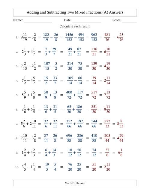 The Adding and Subtracting Two Mixed Fractions with Unlike Denominators, Mixed Fractions Results and Some Simplifying (Fillable) (A) Math Worksheet Page 2