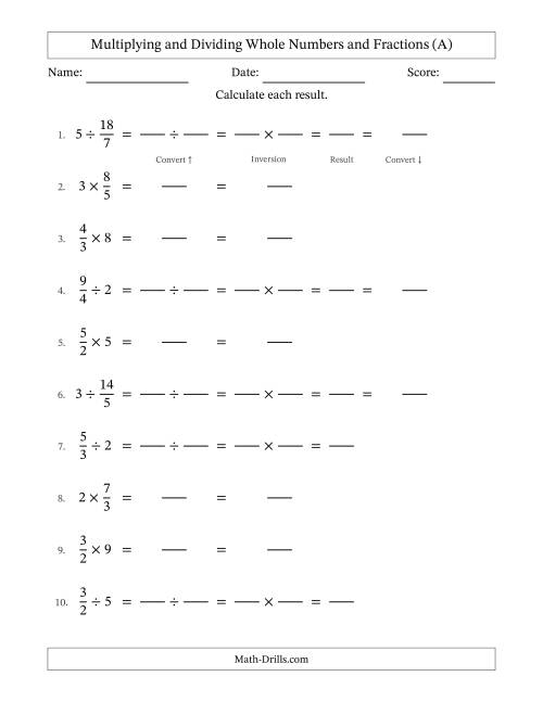 The Multiplying and Dividing Improper Fractions and Whole Numbers with No Simplifying (Fillable) (A) Math Worksheet