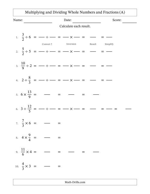 The Multiplying and Dividing Improper Fractions and Whole Numbers with All Simplifying (Fillable) (A) Math Worksheet