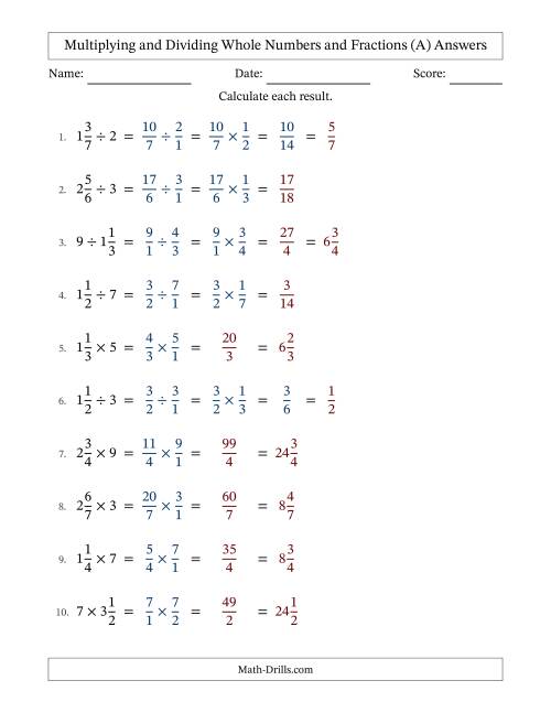 The Multiplying and Dividing Mixed Fractions and Whole Numbers with Some Simplifying (Fillable) (A) Math Worksheet Page 2
