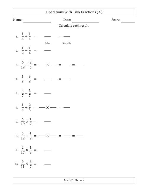 The Operations with Two Proper Fractions with Equal Denominators, Proper Fractions Results and Some Simplifying (Fillable) (A) Math Worksheet