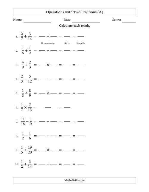 The Operations with Two Proper Fractions with Similar Denominators, Proper Fractions Results and All Simplifying (Fillable) (A) Math Worksheet