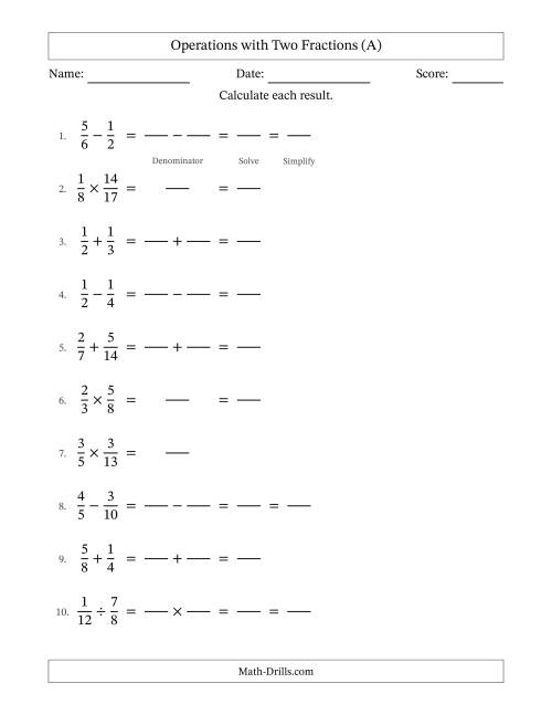The Operations with Two Proper Fractions with Similar Denominators, Proper Fractions Results and Some Simplifying (Fillable) (A) Math Worksheet