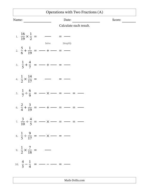 The Operations with Two Proper Fractions with Unlike Denominators, Proper Fractions Results and Some Simplifying (Fillable) (A) Math Worksheet
