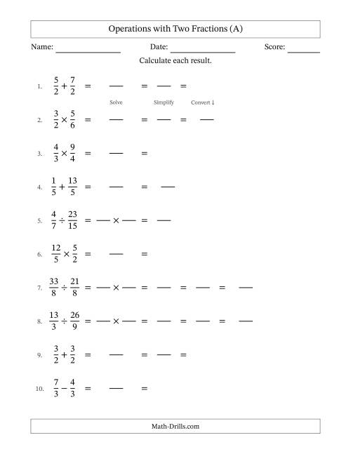 The Operations with Proper and Improper Fractions with Equal Denominators, Mixed Fractions Results and Some Simplifying (Fillable) (A) Math Worksheet