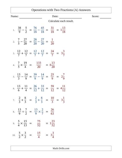 The Operations with Proper and Improper Fractions with Similar Denominators, Mixed Fractions Results and No Simplifying (Fillable) (A) Math Worksheet Page 2