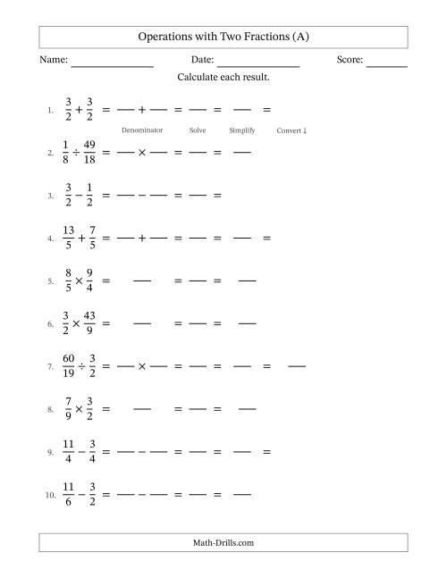 The Operations with Proper and Improper Fractions with Similar Denominators, Mixed Fractions Results and All Simplifying (Fillable) (A) Math Worksheet