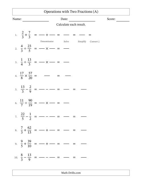 The Operations with Proper and Improper Fractions with Similar Denominators, Mixed Fractions Results and Some Simplifying (Fillable) (A) Math Worksheet