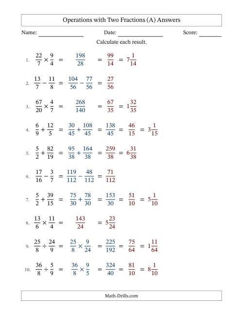 The Operations with Proper and Improper Fractions with Unlike Denominators, Mixed Fractions Results and Some Simplifying (Fillable) (A) Math Worksheet Page 2
