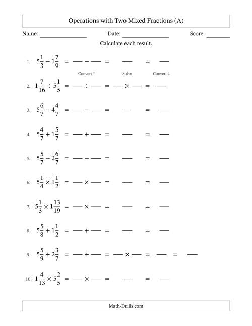 The Operations with Two Mixed Fractions with Equal Denominators, Mixed Fractions Results and No Simplifying (Fillable) (A) Math Worksheet