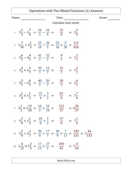 The Operations with Two Mixed Fractions with Equal Denominators, Mixed Fractions Results and No Simplifying (Fillable) (A) Math Worksheet Page 2