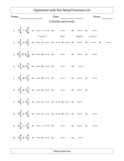 The Operations with Two Mixed Fractions with Equal Denominators, Mixed Fractions Results and Some Simplifying (Fillable) (A) Math Worksheet