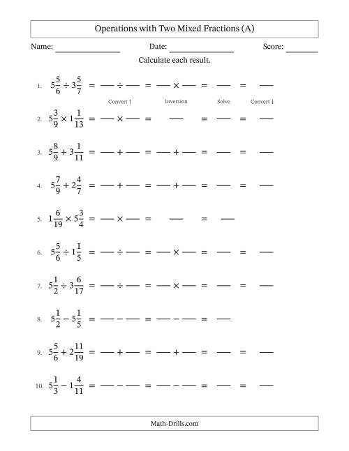 The Operations with Two Mixed Fractions with Unlike Denominators, Mixed Fractions Results and No Simplifying (Fillable) (A) Math Worksheet