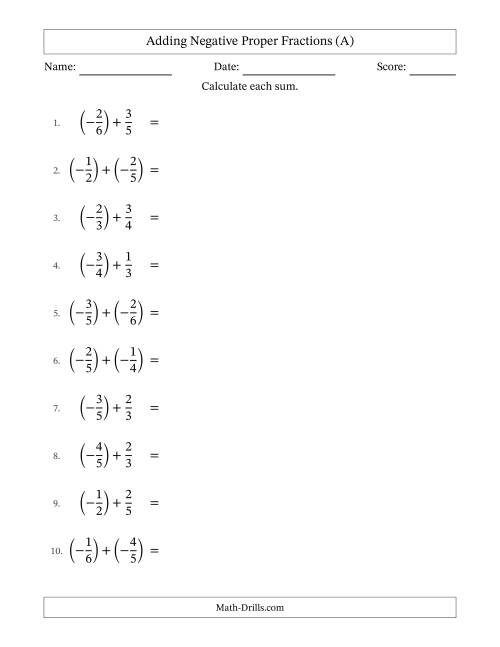 The Adding Negative Proper Fractions with Unlike Denominators Up to Sixths, Proper Fraction Results and Some Simplifying (A) Math Worksheet