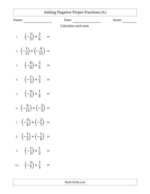 The Adding Negative Proper Fractions with Unlike Denominators Up to Twelfths, Proper Fraction Results and Some Simplifying (A) Math Worksheet