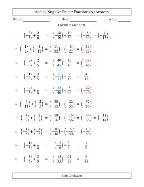 The Adding Negative Proper Fractions with Unlike Denominators Up to Twelfths, Proper Fraction Results and Some Simplifying (A) Math Worksheet Page 2