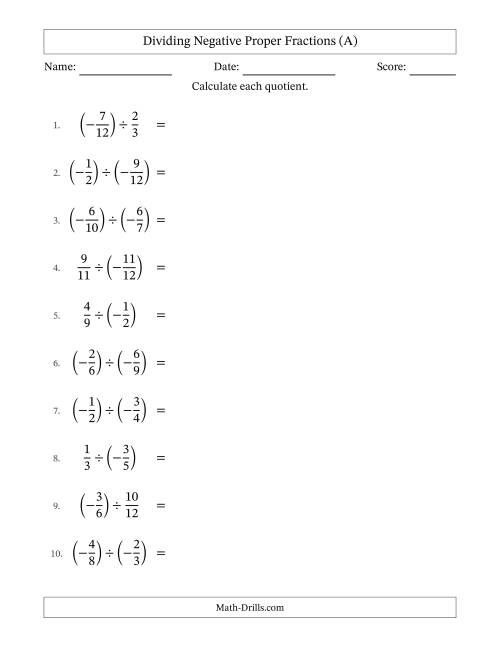The Dividing Negative Proper Fractions with Unlike Denominators Up to Twelfths, Proper Fraction Results and Some Simplifying (A) Math Worksheet