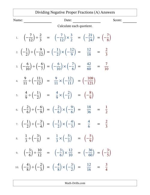 The Dividing Negative Proper Fractions with Unlike Denominators Up to Twelfths, Proper Fraction Results and Some Simplifying (A) Math Worksheet Page 2