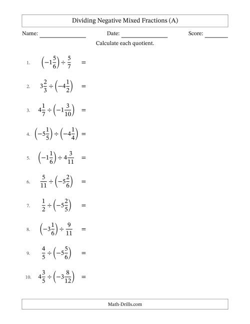 The Dividing Negative Mixed Fractions with Unlike Denominators Up to Twelfths, Mixed Fraction Results and No Simplifying (A) Math Worksheet