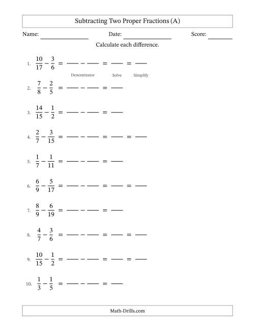 The Subtracting Two Proper Fractions with Unlike Denominators, Proper Fractions Results and Some Simplifying (Fillable) (A) Math Worksheet