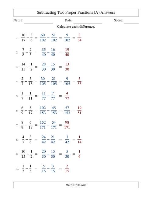 The Subtracting Two Proper Fractions with Unlike Denominators, Proper Fractions Results and Some Simplifying (Fillable) (A) Math Worksheet Page 2