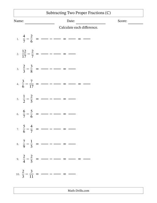 The Subtracting Two Proper Fractions with Unlike Denominators, Proper Fractions Results and Some Simplifying (Fillable) (C) Math Worksheet