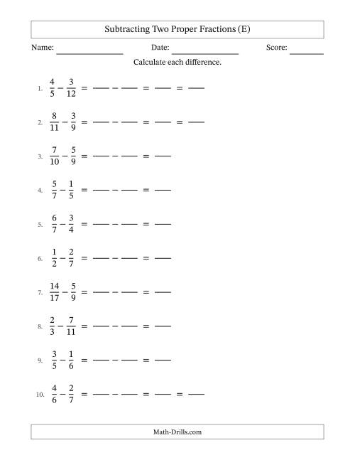 The Subtracting Two Proper Fractions with Unlike Denominators, Proper Fractions Results and Some Simplifying (Fillable) (E) Math Worksheet
