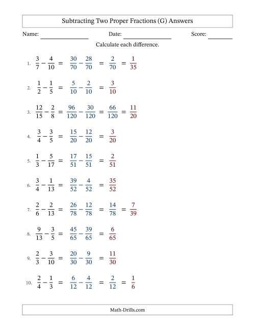 The Subtracting Two Proper Fractions with Unlike Denominators, Proper Fractions Results and Some Simplifying (Fillable) (G) Math Worksheet Page 2