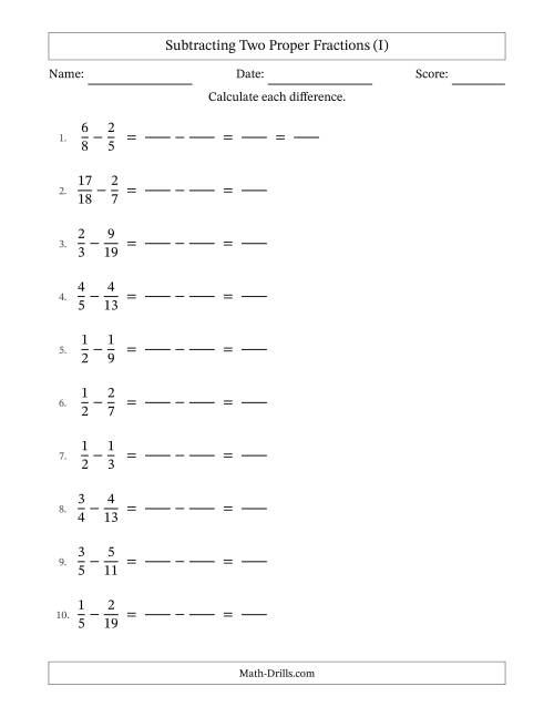 The Subtracting Two Proper Fractions with Unlike Denominators, Proper Fractions Results and Some Simplifying (Fillable) (I) Math Worksheet