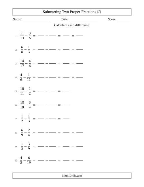 The Subtracting Two Proper Fractions with Unlike Denominators, Proper Fractions Results and Some Simplifying (Fillable) (J) Math Worksheet