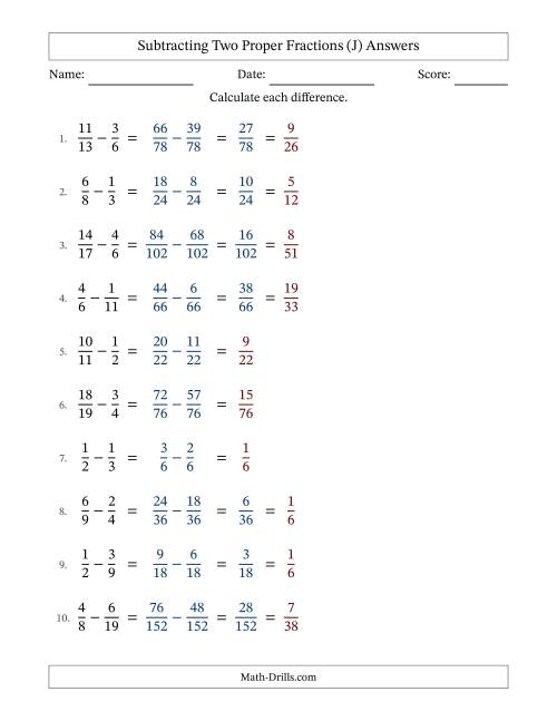 The Subtracting Two Proper Fractions with Unlike Denominators, Proper Fractions Results and Some Simplifying (Fillable) (J) Math Worksheet Page 2