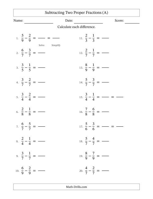 The Subtracting Two Proper Fractions with Equal Denominators, Proper Fractions Results and Some Simplifying (Fillable) (A) Math Worksheet