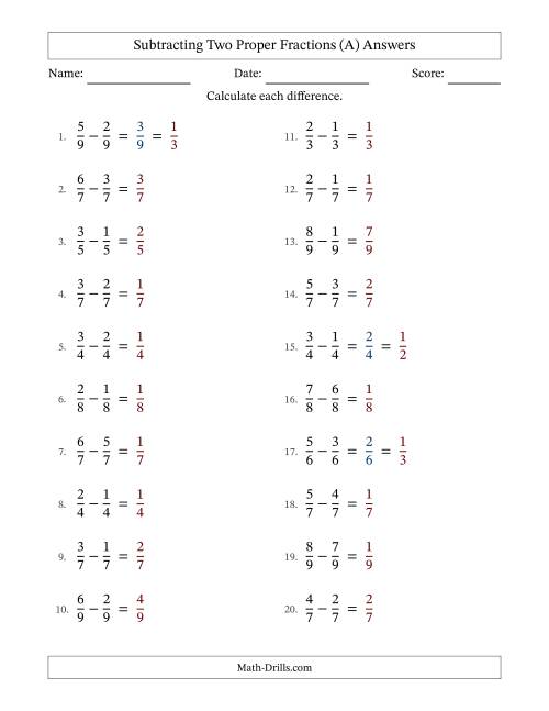 The Subtracting Two Proper Fractions with Equal Denominators, Proper Fractions Results and Some Simplifying (Fillable) (A) Math Worksheet Page 2
