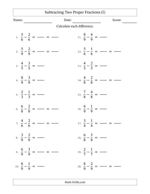 The Subtracting Two Proper Fractions with Equal Denominators, Proper Fractions Results and Some Simplifying (Fillable) (I) Math Worksheet
