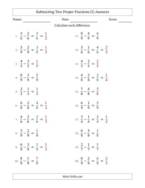 The Subtracting Two Proper Fractions with Equal Denominators, Proper Fractions Results and Some Simplifying (Fillable) (I) Math Worksheet Page 2