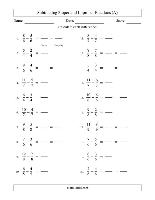 The Subtracting Proper and Improper Fractions with Equal Denominators, Proper Fractions Results and Some Simplifying (Fillable) (A) Math Worksheet