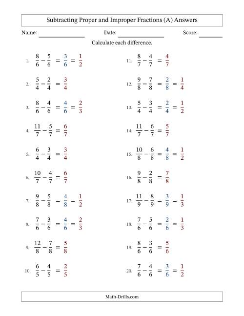 The Subtracting Proper and Improper Fractions with Equal Denominators, Proper Fractions Results and Some Simplifying (Fillable) (A) Math Worksheet Page 2