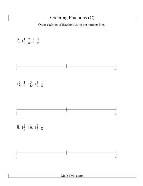The Ordering Fractions on a Number Line -- All Denominators to 10 (C) Math Worksheet
