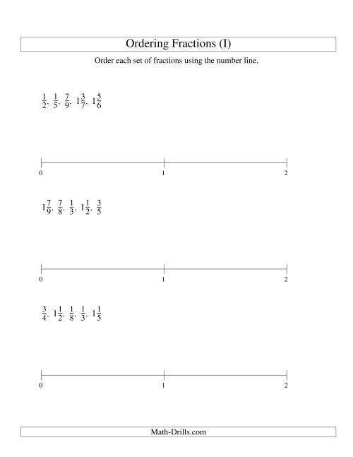 The Ordering Fractions on a Number Line -- All Denominators to 10 (I) Math Worksheet