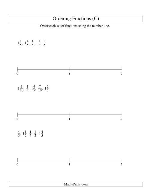 The Ordering Fractions on a Number Line -- Easy Denominators to 10 (C) Math Worksheet