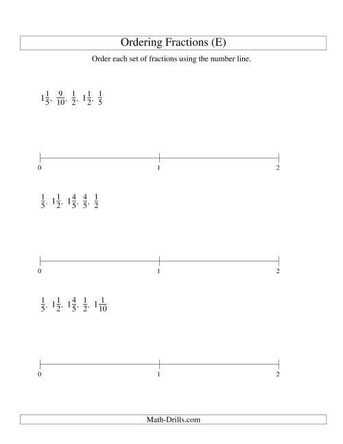 The Ordering Fractions on a Number Line -- Easy Denominators to 10 (E) Math Worksheet