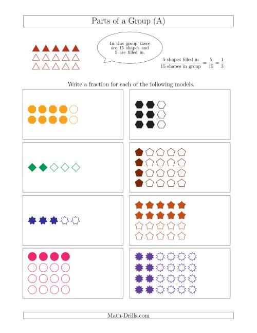 The Parts of a Group Fraction Models Up to Fifths (A) Math Worksheet