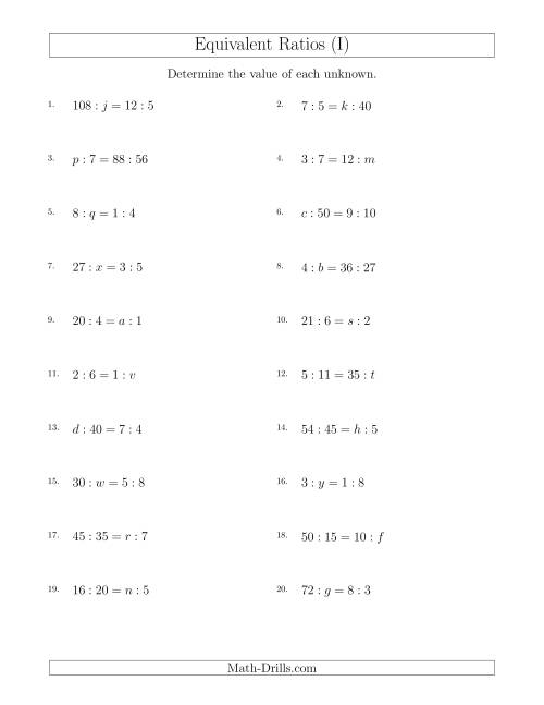The Equivalent Ratios with Variables (I) Math Worksheet