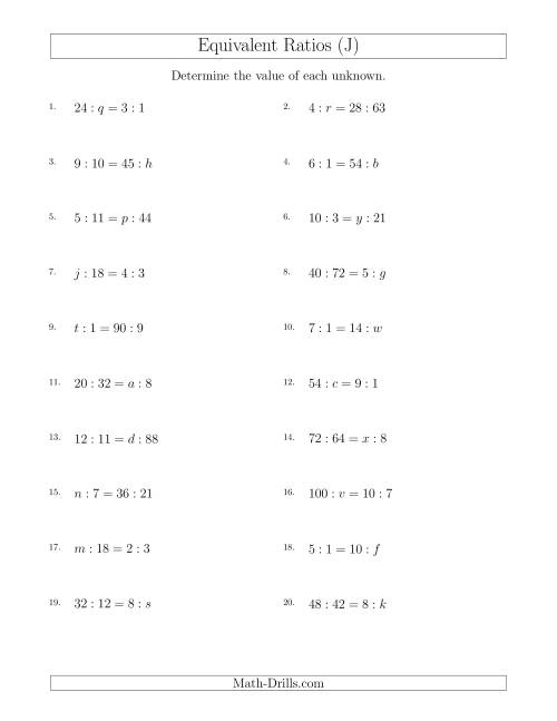 The Equivalent Ratios with Variables (J) Math Worksheet