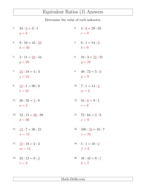 The Equivalent Ratios with Variables (J) Math Worksheet Page 2