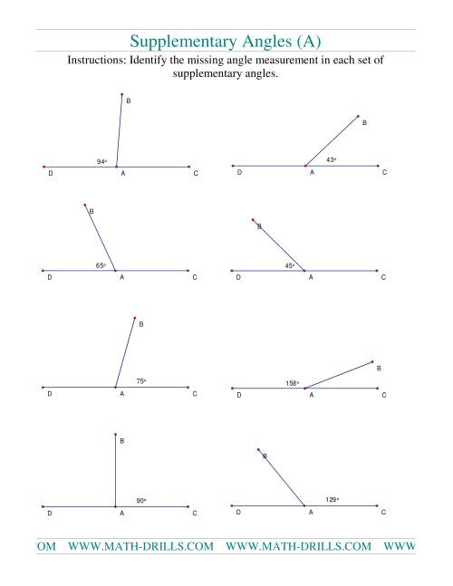 The Supplementary Angles (A) Math Worksheet