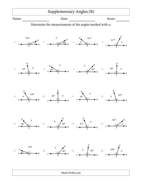 The Supplementary Angle Relationships (B) Math Worksheet