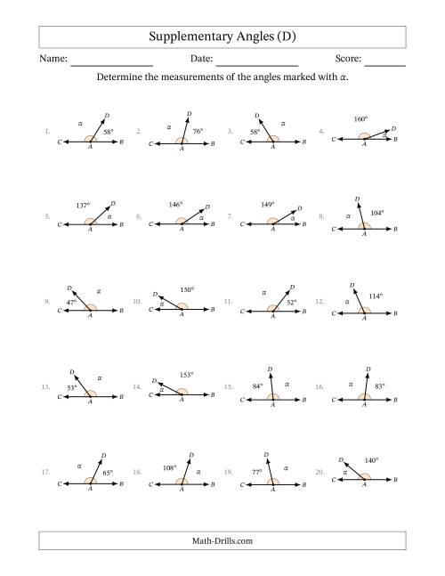 The Supplementary Angle Relationships (D) Math Worksheet