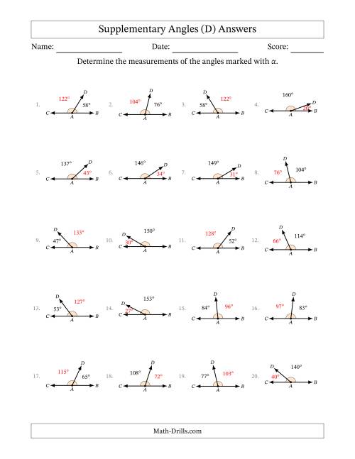 The Supplementary Angle Relationships (D) Math Worksheet Page 2