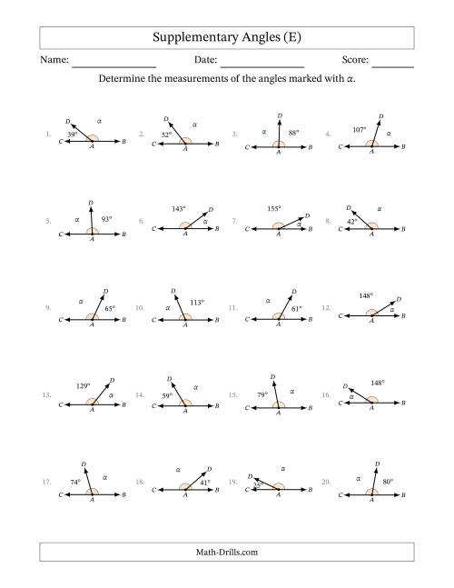 The Supplementary Angle Relationships (E) Math Worksheet